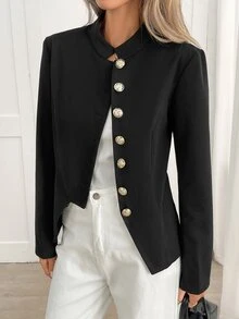 Yalmera Women's Autumn/Winter New Elegant Commute Waist-Cinching Button-Decorated Wool Short Jacket - Black - View 6