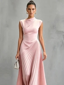 CHARMVALE Women's Solid Color Ruched Waist Pleated Maxi Dress For Summer Evening - Pink - View 6