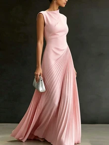 CHARMVALE Women's Solid Color Ruched Waist Pleated Maxi Dress For Summer Evening - Pink - View 1