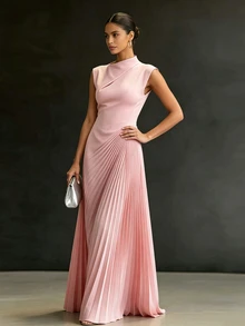 CHARMVALE Women's Solid Color Ruched Waist Pleated Maxi Dress For Summer Evening - Pink - View 5