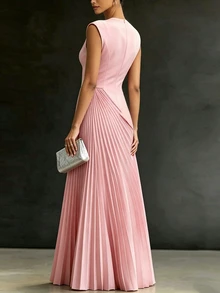 CHARMVALE Women's Solid Color Ruched Waist Pleated Maxi Dress For Summer Evening - Pink - View 2