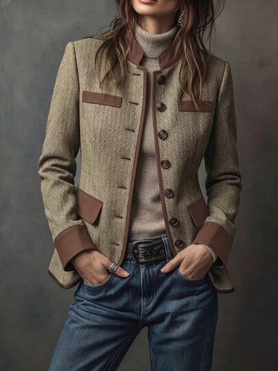SHEIN Women's Winter Coat, Women's Blazer, Herringbone Contrast Color Stand Collar, Floral Button Front Blazer, Winter Outfit, Brown Blazer, Women's Commute Outfit, Social Top/Work Top, Women's Business Formal, Women's Vacation Outfit, Women's Social Top, Women's Work Top, Women's Business Formal.