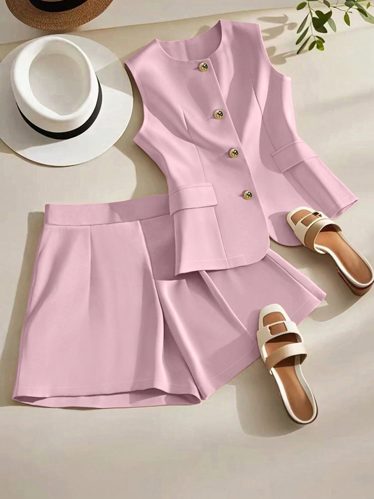 Franclia Summer Elegant Commuter Pink Gold Solid Color Vest & Shorts 2 Pieces Set,Woman Classy Blazer Set,Office Outfits,Brunch Tea Party Suits For Women - Pink - View 3
