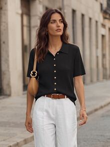 Rosivaux Black Gold Summer Classy Back-To-School Polo Shirt For Women,Elegant Metal Button Design Slim Fit Modest Cardigan,Casual Office Work Commute School - Black - View 2