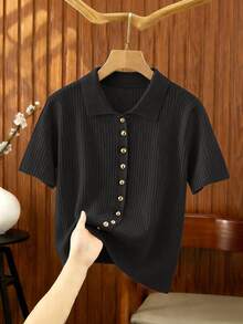 Rosivaux Black Gold Summer Classy Back-To-School Polo Shirt For Women,Elegant Metal Button Design Slim Fit Modest Cardigan,Casual Office Work Commute School - Black - View 5