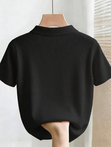 Rosivaux Black Gold Summer Classy Back-To-School Polo Shirt For Women,Elegant Metal Button Design Slim Fit Modest Cardigan,Casual Office Work Commute School - Black - View 4