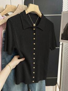 Rosivaux Black Gold Summer Classy Back-To-School Polo Shirt For Women,Elegant Metal Button Design Slim Fit Modest Cardigan,Casual Office Work Commute School - Black - View 10