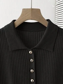 Rosivaux Black Gold Summer Classy Back-To-School Polo Shirt For Women,Elegant Metal Button Design Slim Fit Modest Cardigan,Casual Office Work Commute School - Black - View 8