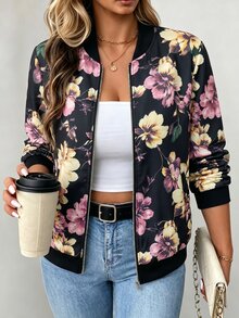 SHEIN Latest Tropical Floral Print Bomber Jacket, Women's Lightweight Long Sleeve Casual Jacket With Metal Zipper, Baseball Collar, Regular Fit, Suitable For Spring, Holidays, Commuting And Vacation - Multicolor - View 1
