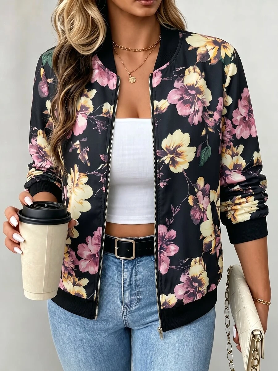 SHEIN Latest Tropical Floral Print Bomber Jacket, Women's Lightweight Long Sleeve Casual Jacket With Metal Zipper, Baseball Collar, Regular Fit, Suitable For Spring, Holidays, Commuting And Vacation - Multicolor - View 1