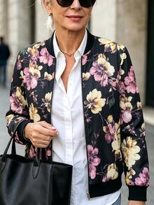 SHEIN Latest Tropical Floral Print Bomber Jacket, Women's Lightweight Long Sleeve Casual Jacket With Metal Zipper, Baseball Collar, Regular Fit, Suitable For Spring, Holidays, Commuting And Vacation - Multicolor - View 4