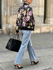 SHEIN Latest Tropical Floral Print Bomber Jacket, Women's Lightweight Long Sleeve Casual Jacket With Metal Zipper, Baseball Collar, Regular Fit, Suitable For Spring, Holidays, Commuting And Vacation - Multicolor - View 2