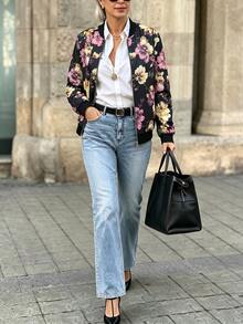 SHEIN Latest Tropical Floral Print Bomber Jacket, Women's Lightweight Long Sleeve Casual Jacket With Metal Zipper, Baseball Collar, Regular Fit, Suitable For Spring, Holidays, Commuting And Vacation - Multicolor - View 6