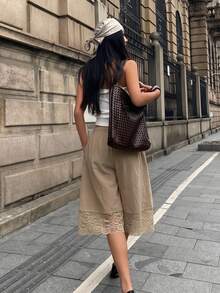 Coolane 女款秋季街頭風休閒度假復古沙灘穿搭日常棉質對比蕾絲卡其色寬鬆低腰寬腿低襠褲 - 卡其色 - 查看 6