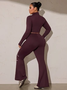 SHEIN Rhythm Era Women's Plus Size Zipper Long Sleeve Top And White Colorblock Pants Sports Set Gym Autumn Cow Girl - Brown - View 2