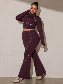 SHEIN Rhythm Era Women's Plus Size Zipper Long Sleeve Top And White Colorblock Pants Sports Set Gym Autumn Cow Girl - Brown - View 3