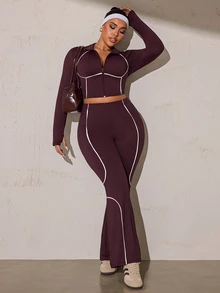 SHEIN Rhythm Era Women's Plus Size Zipper Long Sleeve Top And White Colorblock Pants Sports Set Gym Autumn Cow Girl - Brown - View 1