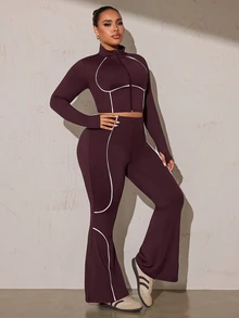 SHEIN Rhythm Era Women's Plus Size Zipper Long Sleeve Top And White Colorblock Pants Sports Set Gym Autumn Cow Girl - Brown - View 4