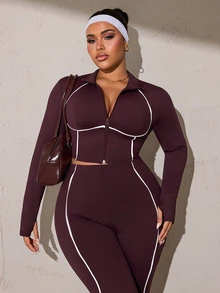 SHEIN Rhythm Era Women's Plus Size Zipper Long Sleeve Top And White Colorblock Pants Sports Set Gym Autumn Cow Girl - Brown - View 5