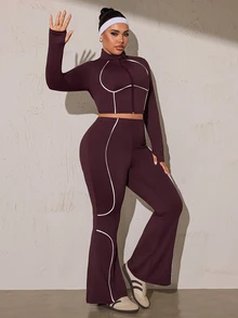 SHEIN Rhythm Era Women's Plus Size Zipper Long Sleeve Top And White Colorblock Pants Sports Set Gym Autumn Cow Girl - Brown - View 6