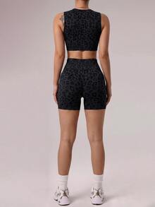 Slayform Slayform Seamless Knit Leopard Print Cropped Top + Shorts Women's Sports Set Suitable For Yoga, Fitness, Workout, Weightlifting - Grey - View 5