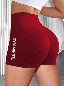 Slayform Slayform Women's High Waist Letter Print Tight Lifting Sports Shorts Seamless Gym Shorts Exercise Booty Shorts Red Spandex Short - Burgundy - View 3