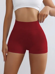 Slayform Slayform Women's High Waist Letter Print Tight Lifting Sports Shorts Seamless Gym Shorts Exercise Booty Shorts Red Spandex Short - Burgundy - View 4