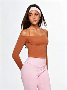 SHEIN Sports 女款純色露肩長袖掛脖瑜伽運動T恤 - 紫紅色 - 查看 6