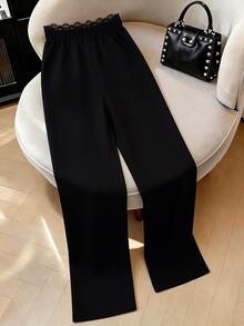 GlowEve CURVE Plus Size Elegant Versatile Contrast Lace Trim Pants - Black - View 2