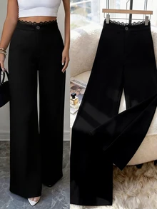 GlowEve CURVE Plus Size Elegant Versatile Contrast Lace Trim Pants - Black - View 3