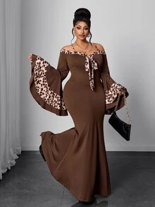 Maweii Plus Size Women's Vintage Leopard Print Colorblock Deep V-Neck Flare Sleeve Bodycon Dress, Draping Mermaid Tail Silhouette Fall - Multicolor - View 5