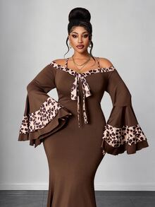 Maweii Plus Size Women's Vintage Leopard Print Colorblock Deep V-Neck Flare Sleeve Bodycon Dress, Draping Mermaid Tail Silhouette Fall - Multicolor - View 3