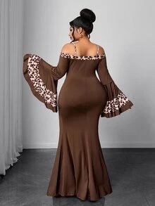 Maweii Plus Size Women's Vintage Leopard Print Colorblock Deep V-Neck Flare Sleeve Bodycon Dress, Draping Mermaid Tail Silhouette Fall - Multicolor - View 4