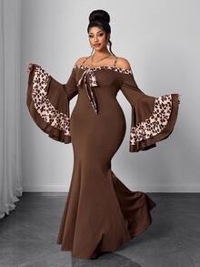 Maweii Plus Size Women's Vintage Leopard Print Colorblock Deep V-Neck Flare Sleeve Bodycon Dress, Draping Mermaid Tail Silhouette Fall - Multicolor - View 2