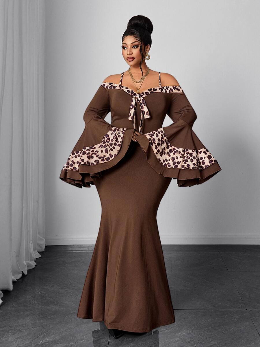 Maweii Plus Size Women's Vintage Leopard Print Colorblock Deep V-Neck Flare Sleeve Bodycon Dress, Draping Mermaid Tail Silhouette Fall - Multicolor - View 1