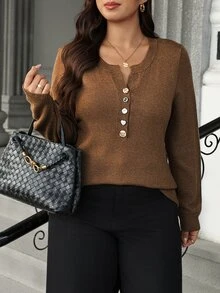 Vionelle Plus Size Round Neck Half-Button Long Sleeve Knit Sweater Vintage Casual Baggy Decorative Button Pullover Autumn/Winter Formal Office Brown - Coffee Brown - View 4