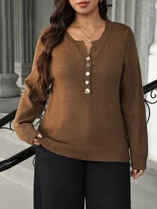 Vionelle Plus Size Round Neck Half-Button Long Sleeve Knit Sweater Vintage Casual Baggy Decorative Button Pullover Autumn/Winter Formal Office Brown - Coffee Brown - View 3