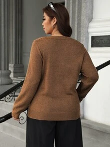 Vionelle Plus Size Round Neck Half-Button Long Sleeve Knit Sweater Vintage Casual Baggy Decorative Button Pullover Autumn/Winter Formal Office Brown - Coffee Brown - View 2