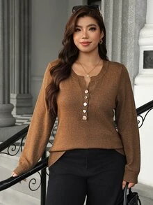 Vionelle Plus Size Round Neck Half-Button Long Sleeve Knit Sweater Vintage Casual Baggy Decorative Button Pullover Autumn/Winter Formal Office Brown - Coffee Brown - View 6