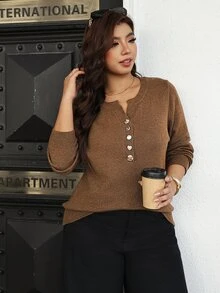 Vionelle Plus Size Round Neck Half-Button Long Sleeve Knit Sweater Vintage Casual Baggy Decorative Button Pullover Autumn/Winter Formal Office Brown - Coffee Brown - View 1