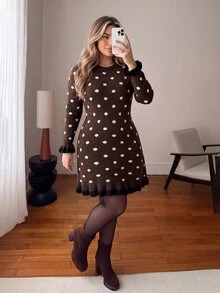 Vionelle Plus Size Women's Coffee Brown Polka Dot Knit Dress, Round Neck, Long Sleeve, Ruffle Cuffs, Fitted Bodycon Hem, Autumn Elegant Date Night Formal - Coffee Brown - View 3