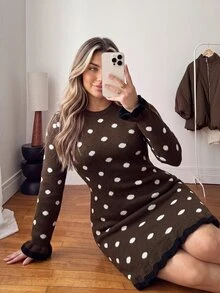 Vionelle Plus Size Women's Coffee Brown Polka Dot Knit Dress, Round Neck, Long Sleeve, Ruffle Cuffs, Fitted Bodycon Hem, Autumn Elegant Date Night Formal - Coffee Brown - View 5