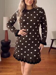 Vionelle Plus Size Women's Coffee Brown Polka Dot Knit Dress, Round Neck, Long Sleeve, Ruffle Cuffs, Fitted Bodycon Hem, Autumn Elegant Date Night Formal - Coffee Brown - View 4