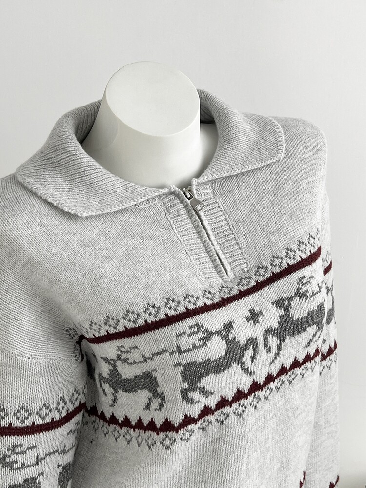 Dulcita Women's Autumn/Winter Half-Zip Small Lapel Collar Contrast Color Long Sleeve Loose Fit Knit Sweater - Light Grey - View 5