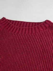 Momance Maternity Solid Color Round Neck Drop Shoulder Long Sleeve Casual Knit Dress - Burgundy - View 5