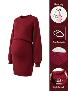 Momance Maternity Solid Color Round Neck Drop Shoulder Long Sleeve Casual Knit Dress - Burgundy - View 7