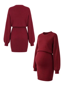 Momance Maternity Solid Color Round Neck Drop Shoulder Long Sleeve Casual Knit Dress - Burgundy - View 4