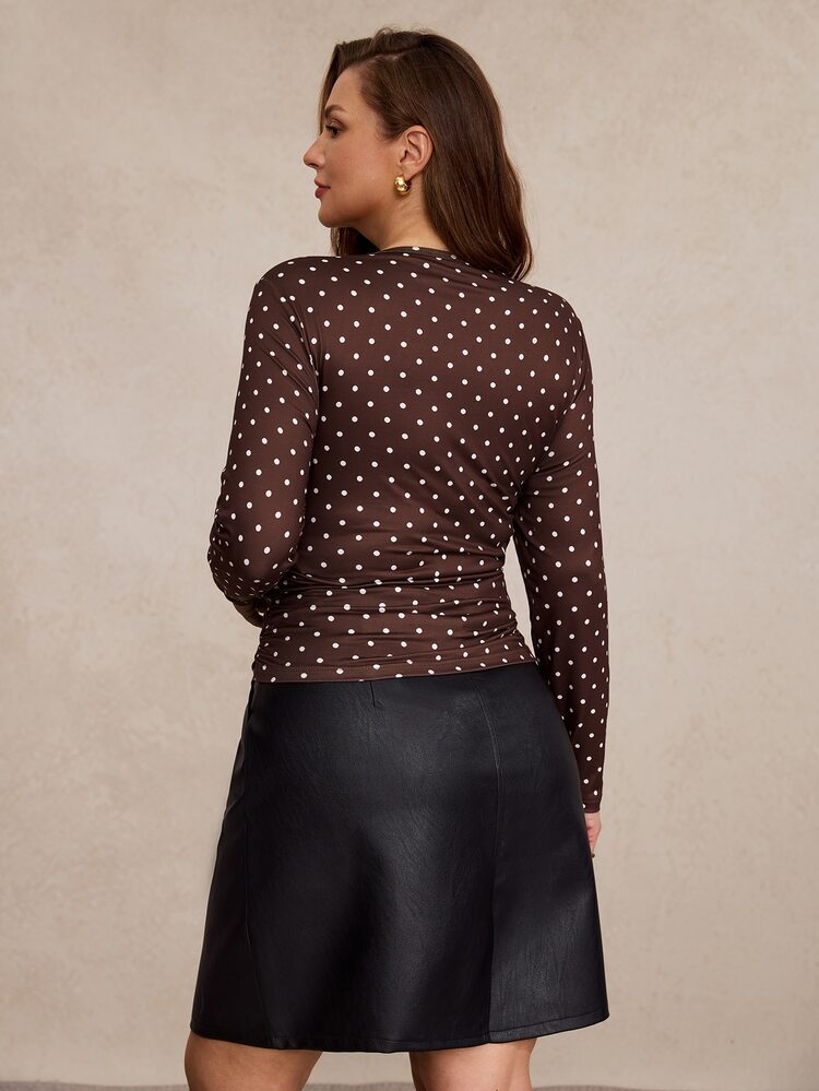 Freevana Kaos Lengan Panjang Wanita Ukuran Plus dengan Pinggang Berkerut, Atasan Slim Fit Elastis, Set 3 Potong Polkadot Cokelat Putih, Paket Multika Kaos Lapisan Dasar, Pakaian Jalanan Kasual Elegan Sehari-hari, Pakaian Wanita Musim Gugur/Dingin - MultiWarna - View 2
