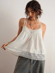 Freevana Women's Plus Size White Solid Color Lace Patchwork Textured Fabric Sheer Elegant Casual Outing Home Wear Loose Spring Summer Tank Top - White - View 5