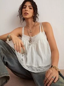 Freevana Women's Plus Size White Solid Color Lace Patchwork Textured Fabric Sheer Elegant Casual Outing Home Wear Loose Spring Summer Tank Top - White - View 8